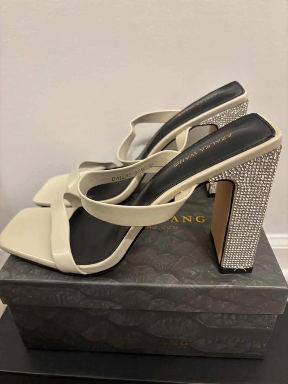 KAZEA WANG Bone Ivory Crystal-Embellished Block Heel Sandals